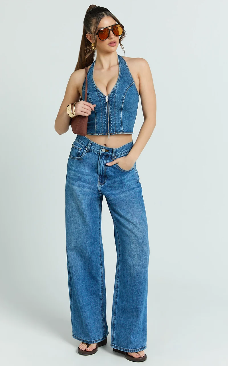 Stephanie Top - Zip Through Halter Neck Denim Top in Dark Blue Wash