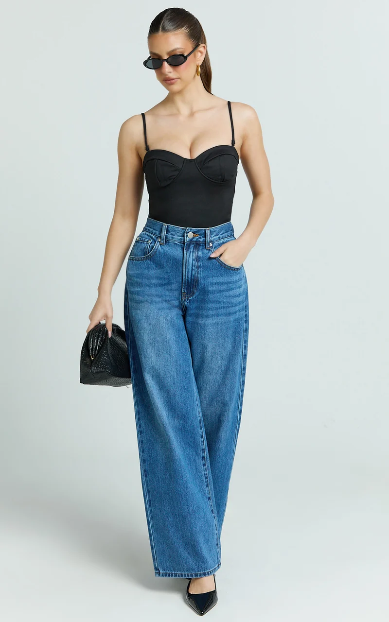 Wenalyn Bodysuit - Removable Straps Balconette High Leg Bodysuit in Black