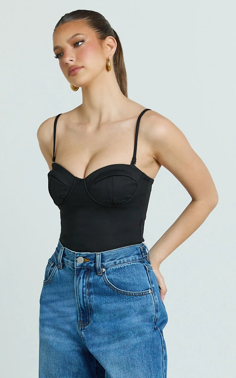 Wenalyn Bodysuit - Removable Straps Balconette High Leg Bodysuit in Black