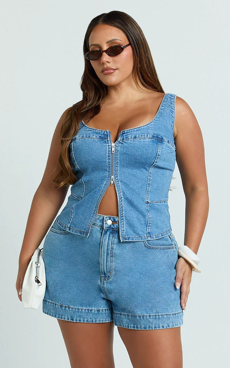 Bellerose Top - Front Zip Denim Fitted Top in Mid Blue
