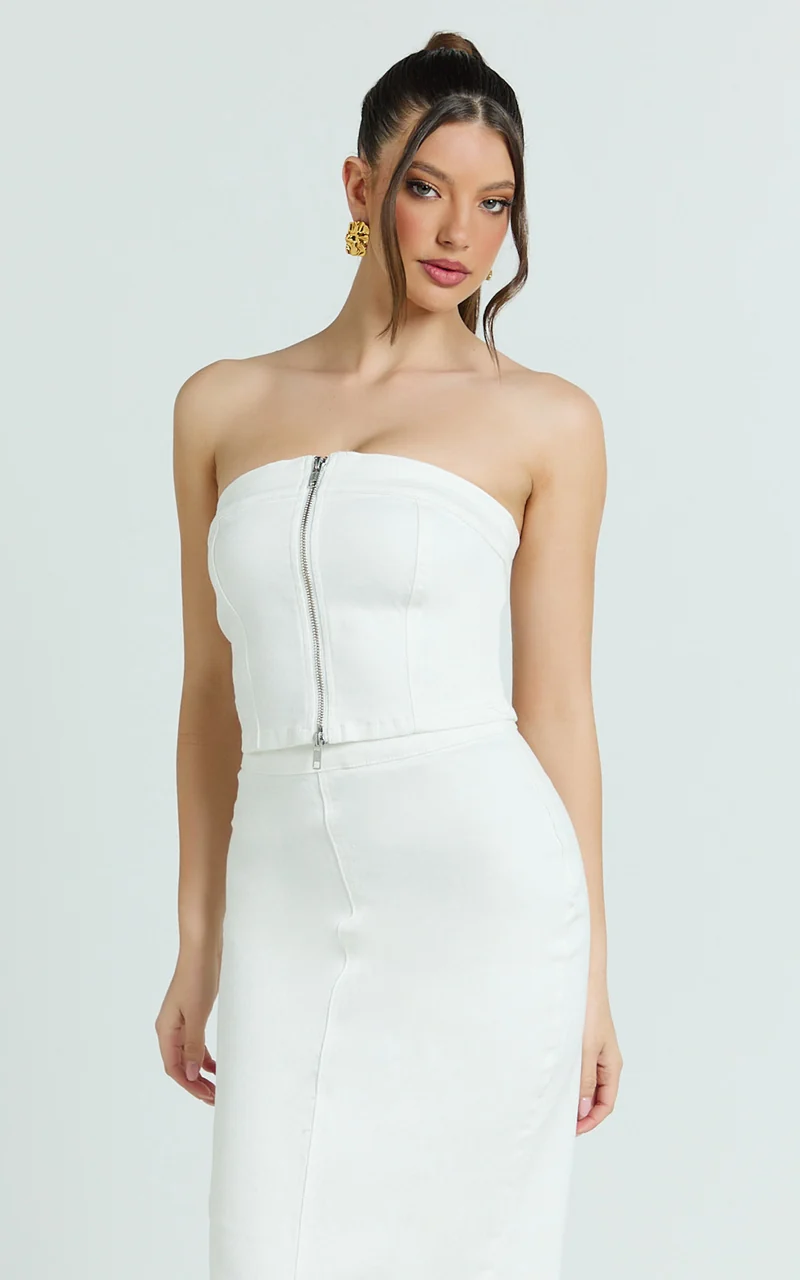 Sahara Top - Strapless Denim Front Double Zip Top in Ecru