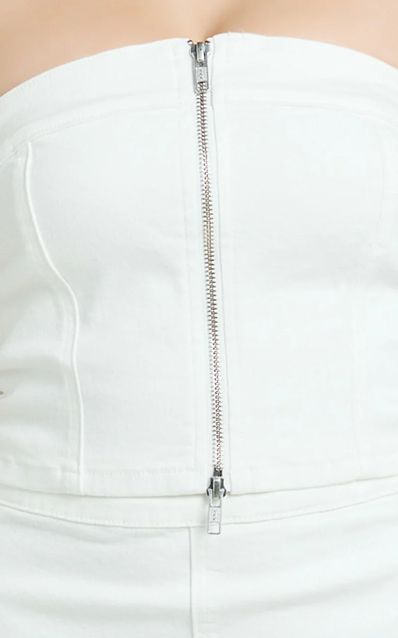Sahara Top - Strapless Denim Front Double Zip Top in Ecru