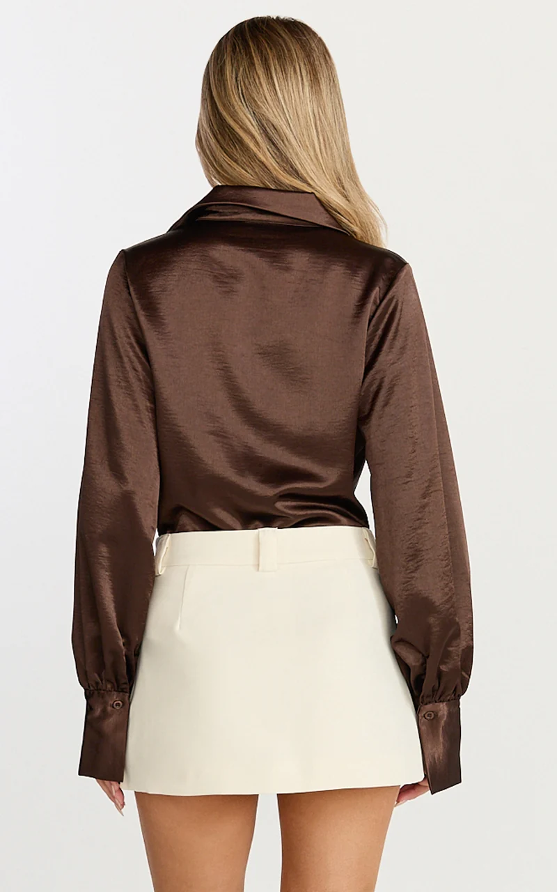 Zephyr Bodysuit - Plunge Neck Cowl Bodysuit in Chocolate