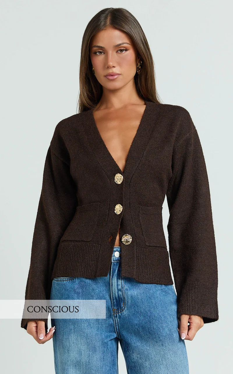 Nerissa Cardigan - V Neck Recycled Knit Contoured Cardigan in Chocolate