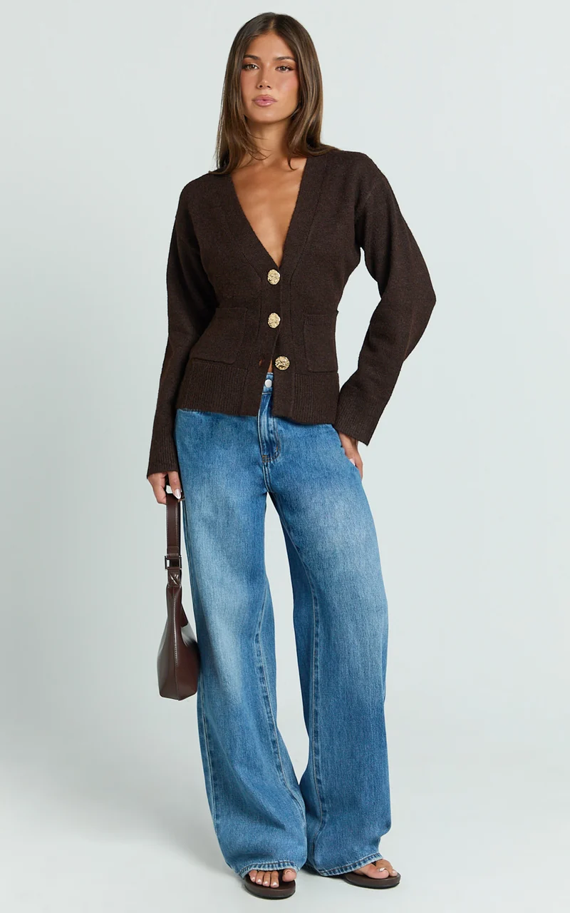 Nerissa Cardigan - V Neck Recycled Knit Contoured Cardigan in Chocolate