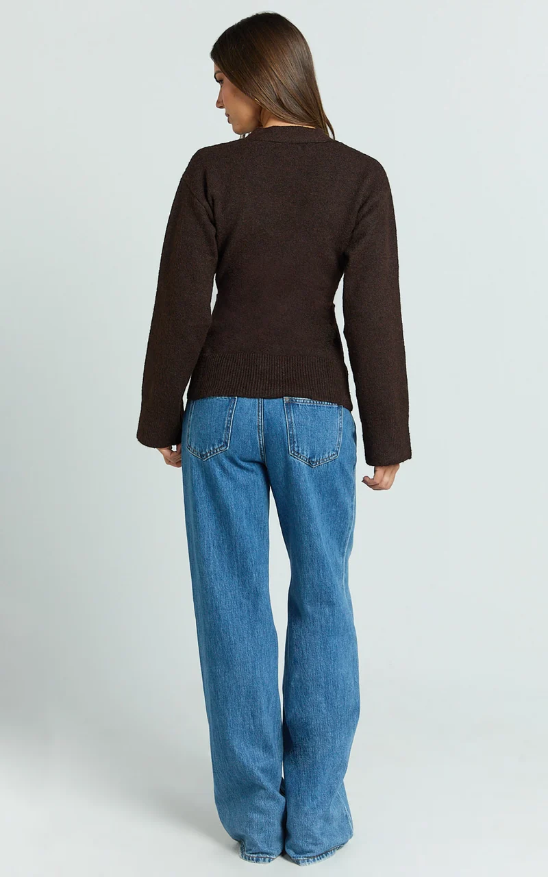 Nerissa Cardigan - V Neck Recycled Knit Contoured Cardigan in Chocolate