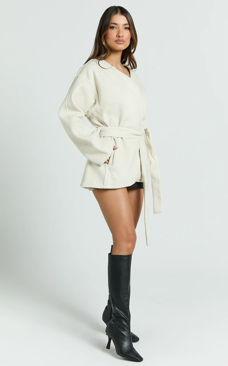 Annalise Jacket - Collarless Tie Waist Wool Look Jacket in Cream
