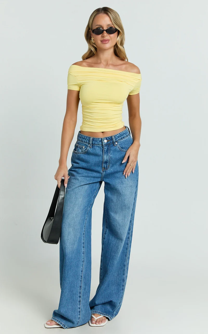 Gena Top - Off Shoulder Gathered Short Sleeve Top in Pastel Yellow