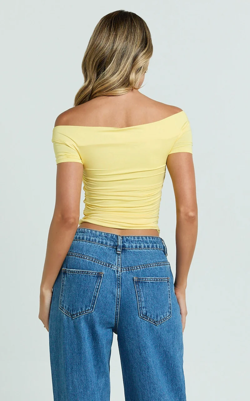 Gena Top - Off Shoulder Gathered Short Sleeve Top in Pastel Yellow