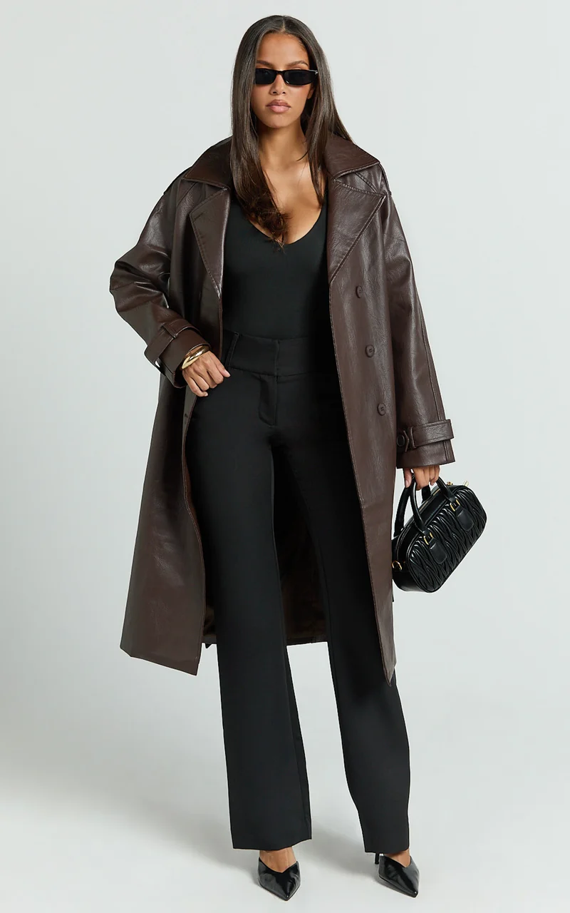 Vicki Trench Coat - Faux Leather Washed Trench Coat in Chocolate