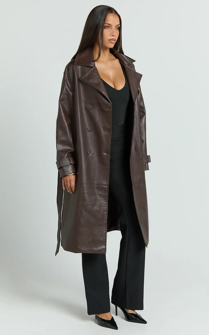 Vicki Trench Coat - Faux Leather Washed Trench Coat in Chocolate