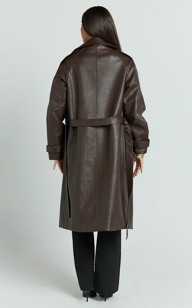 Vicki Trench Coat - Faux Leather Washed Trench Coat in Chocolate