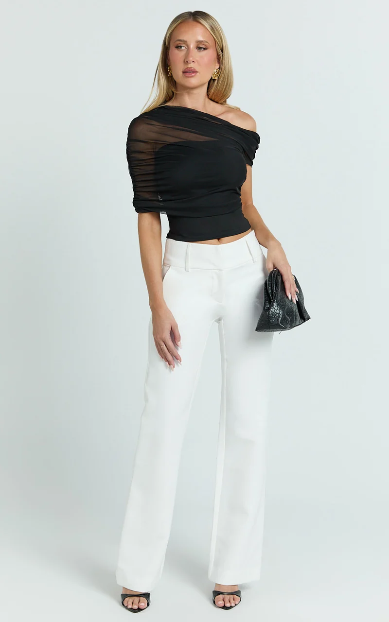 Sophia Top - Draped One Shoulder Mesh Overlay Top in Black