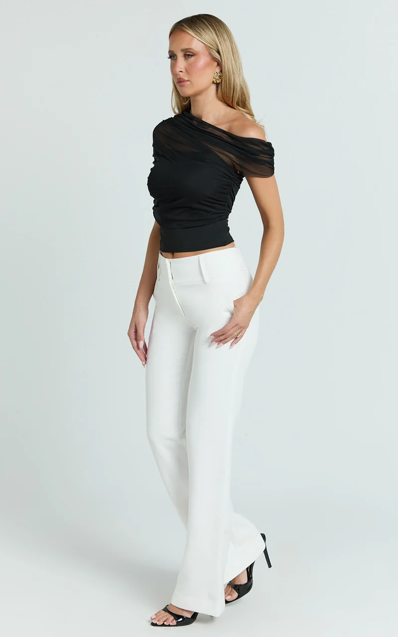 Sophia Top - Draped One Shoulder Mesh Overlay Top in Black