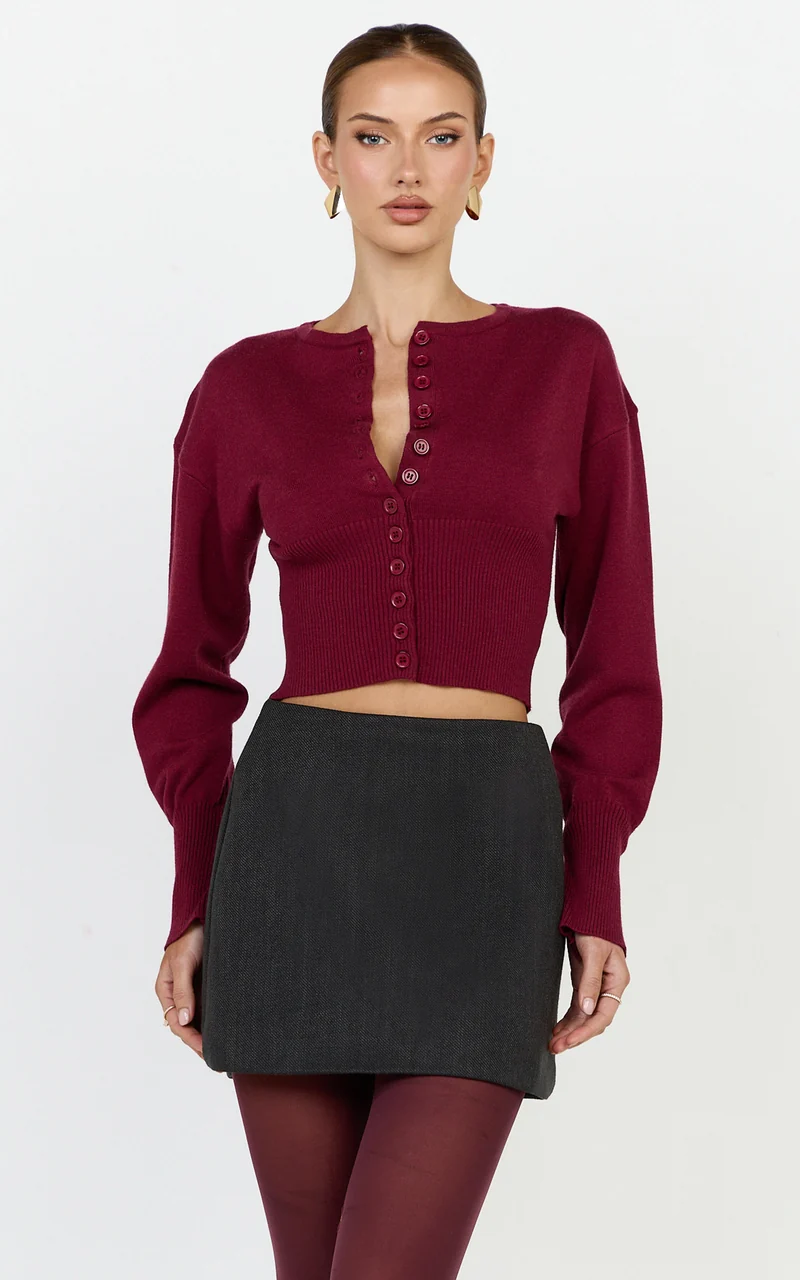 Ramsey Cardigan - Recycled Contoured Waist Button Down Cardigan in Wine