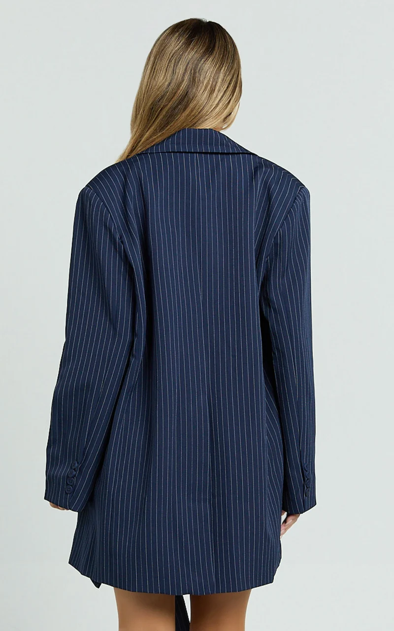Elliot Jacket - Pinstripe Single Breasted Relaxed Shoulder Blazer in Navy