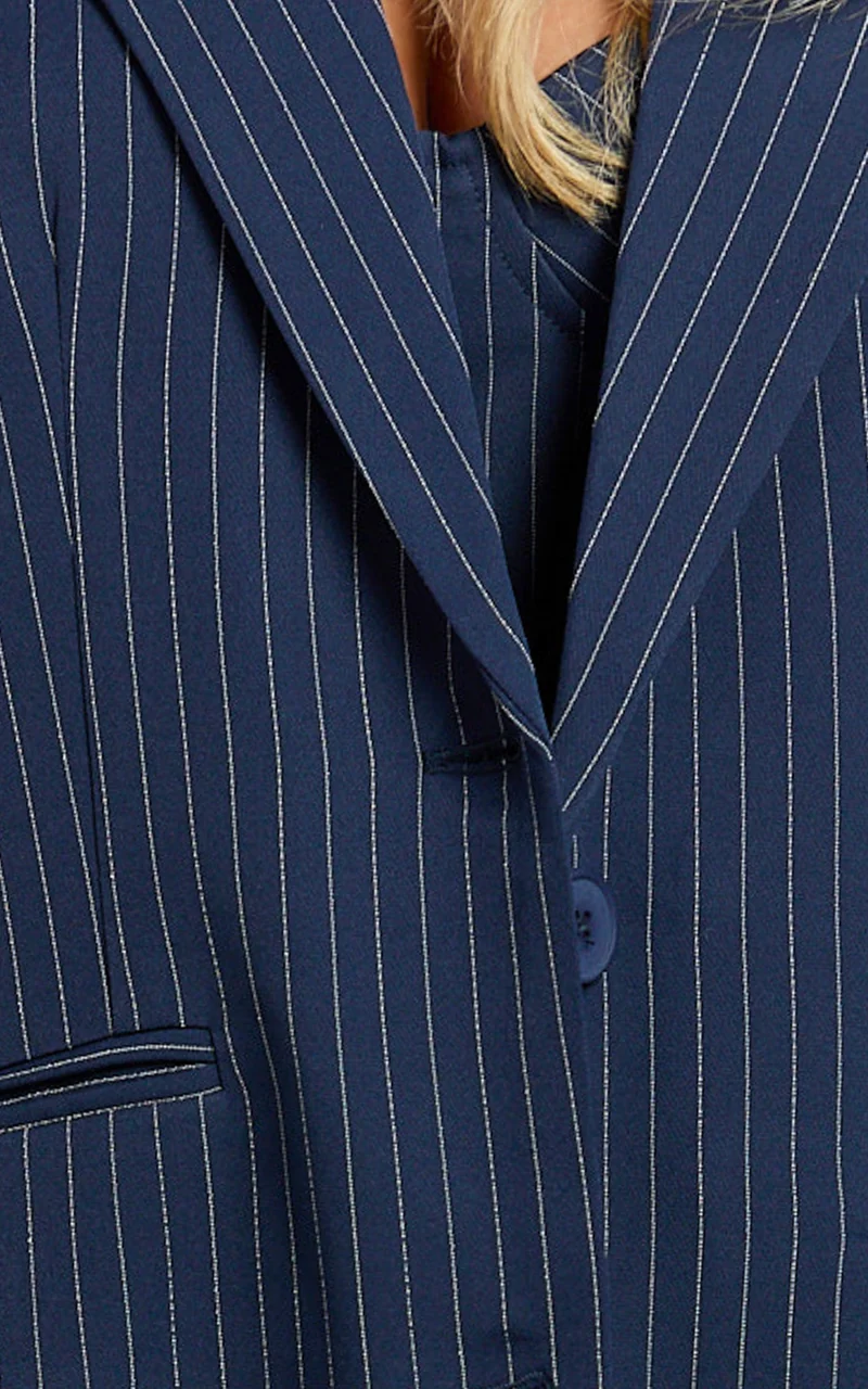 Elliot Jacket - Pinstripe Single Breasted Relaxed Shoulder Blazer in Navy