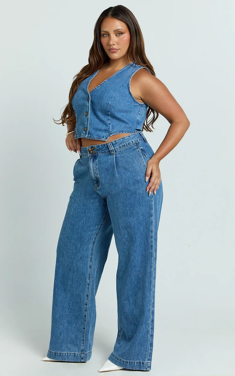 Fergie Top - Denim Crop Vest Top in Mid Blue Wash