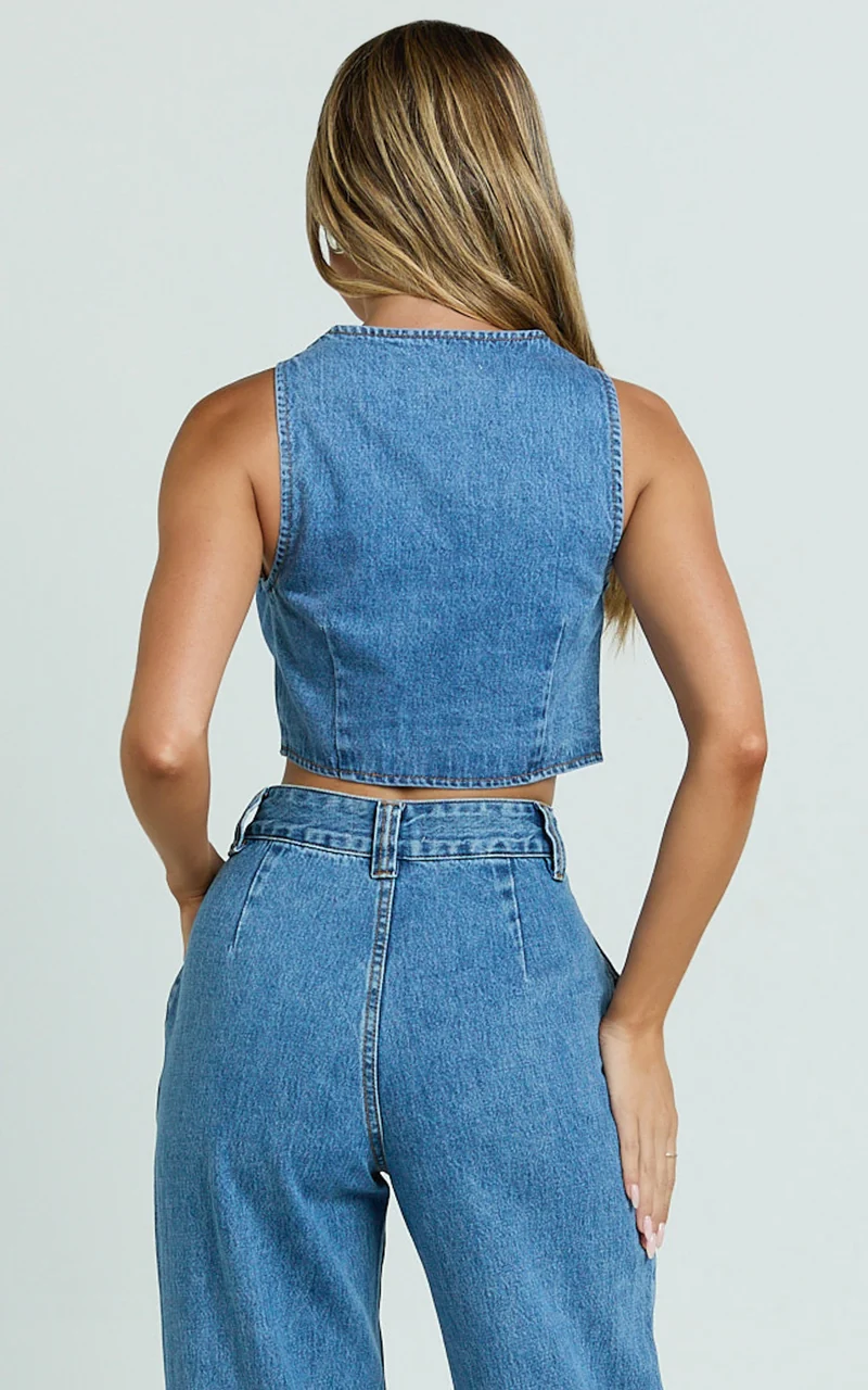 Fergie Top - Denim Crop Vest Top in Mid Blue Wash