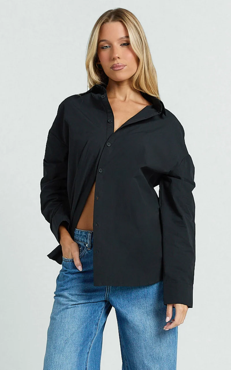 Amaris Top - Long Sleeve Open Back Tie Shirt in Black