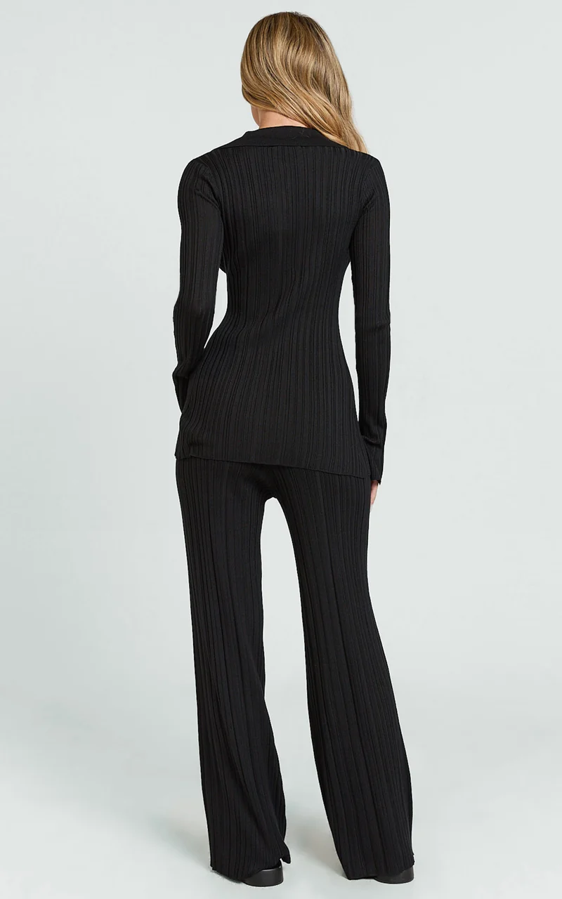 Kelsey Top - Button Through Long Sleeve Knit Top in Black