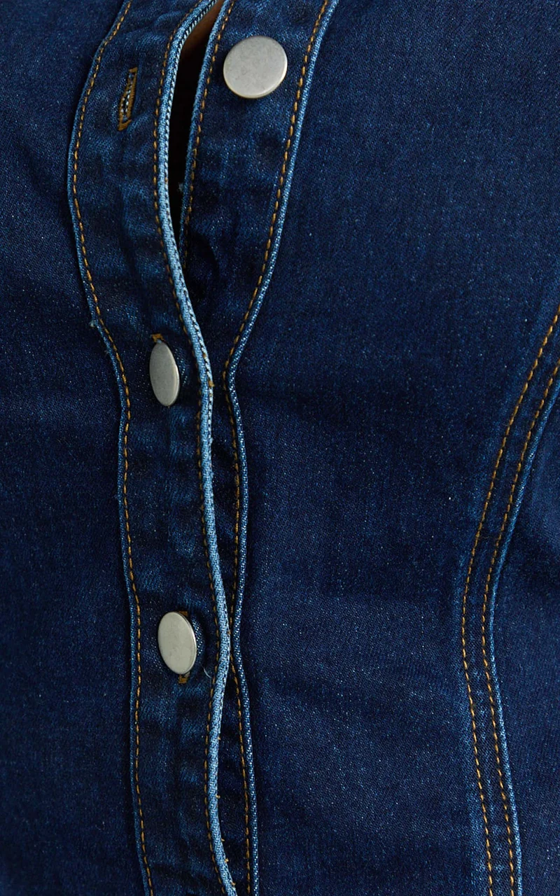 Paige Top - Button Down Short Sleeve Denim Top in Dark Blue Wash