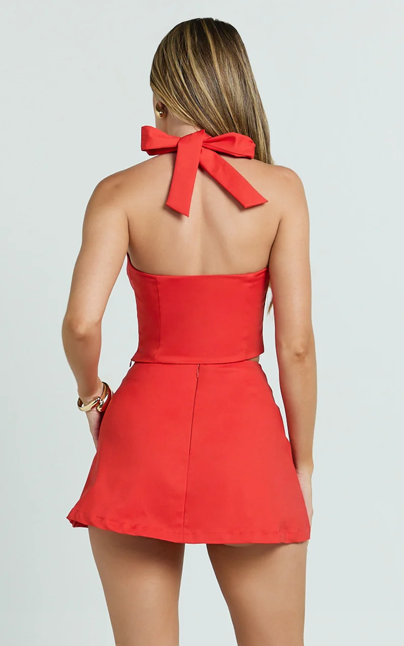 Romy Top - Square Neck Halterneck Fitted Hook And Eye Top in Red