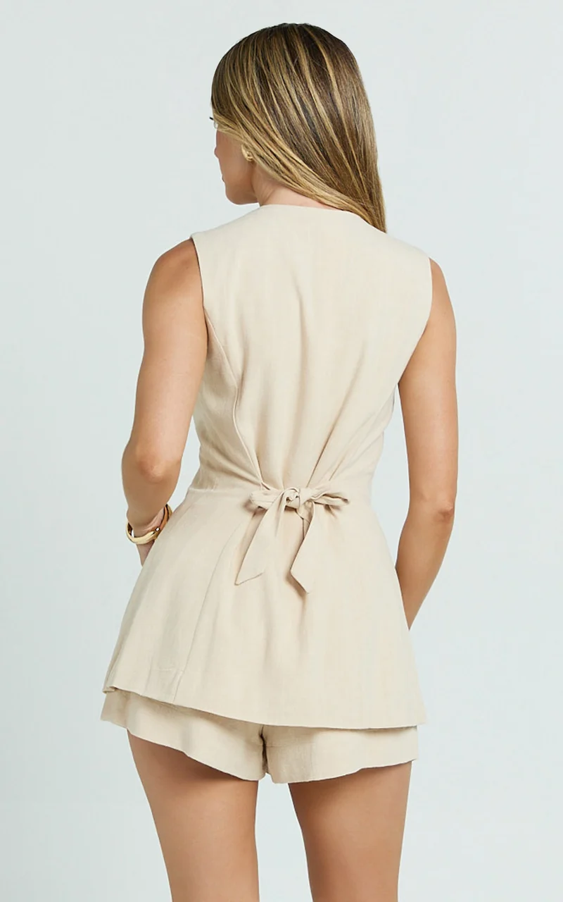 Olivia Top - Longline Linen V Neck Back Tie Vest Top in Natural