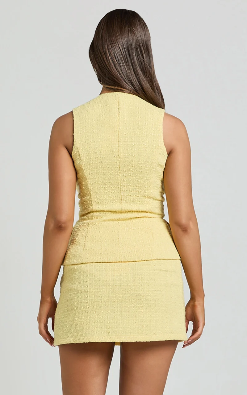 Mika Top - Boucle Plunge Neck Pearl Button Vest in Lemon