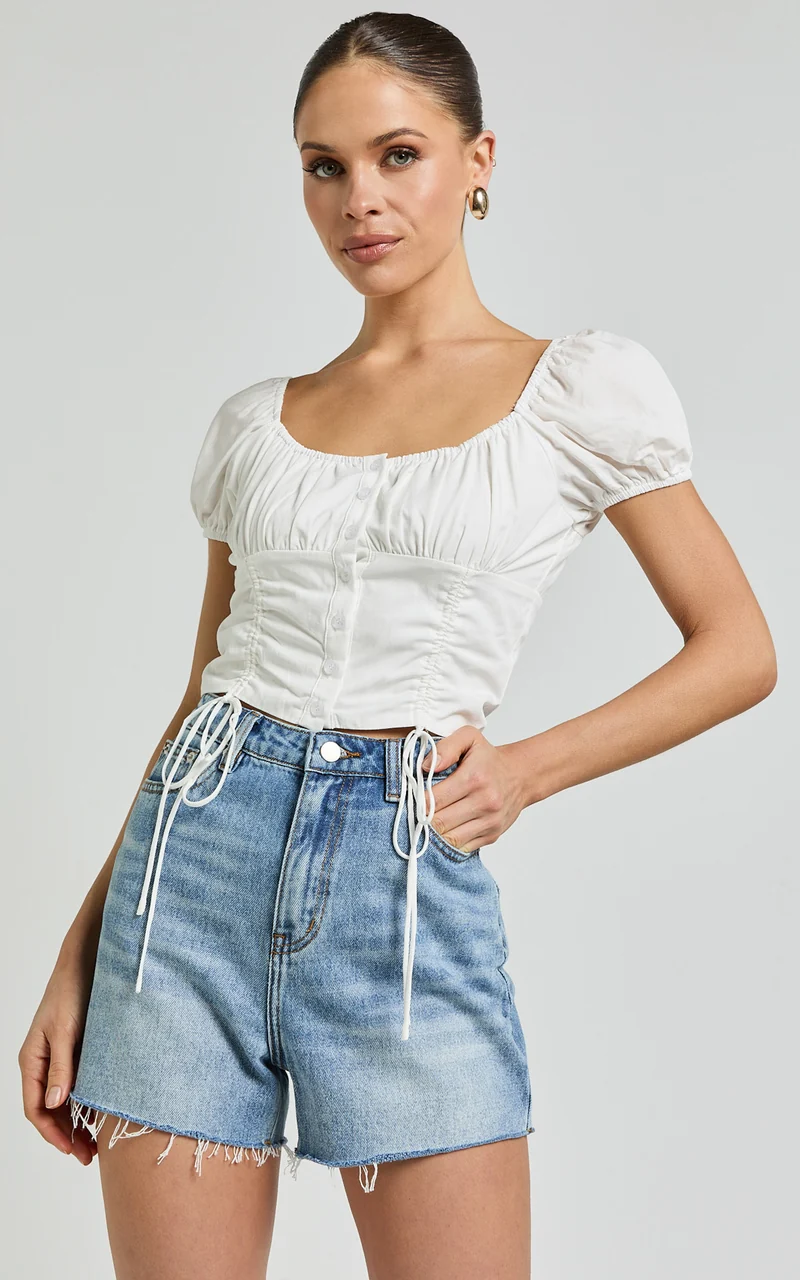 Valerie Top - Puff Sleeve Ruched Button Front Tie Hem Top in White
