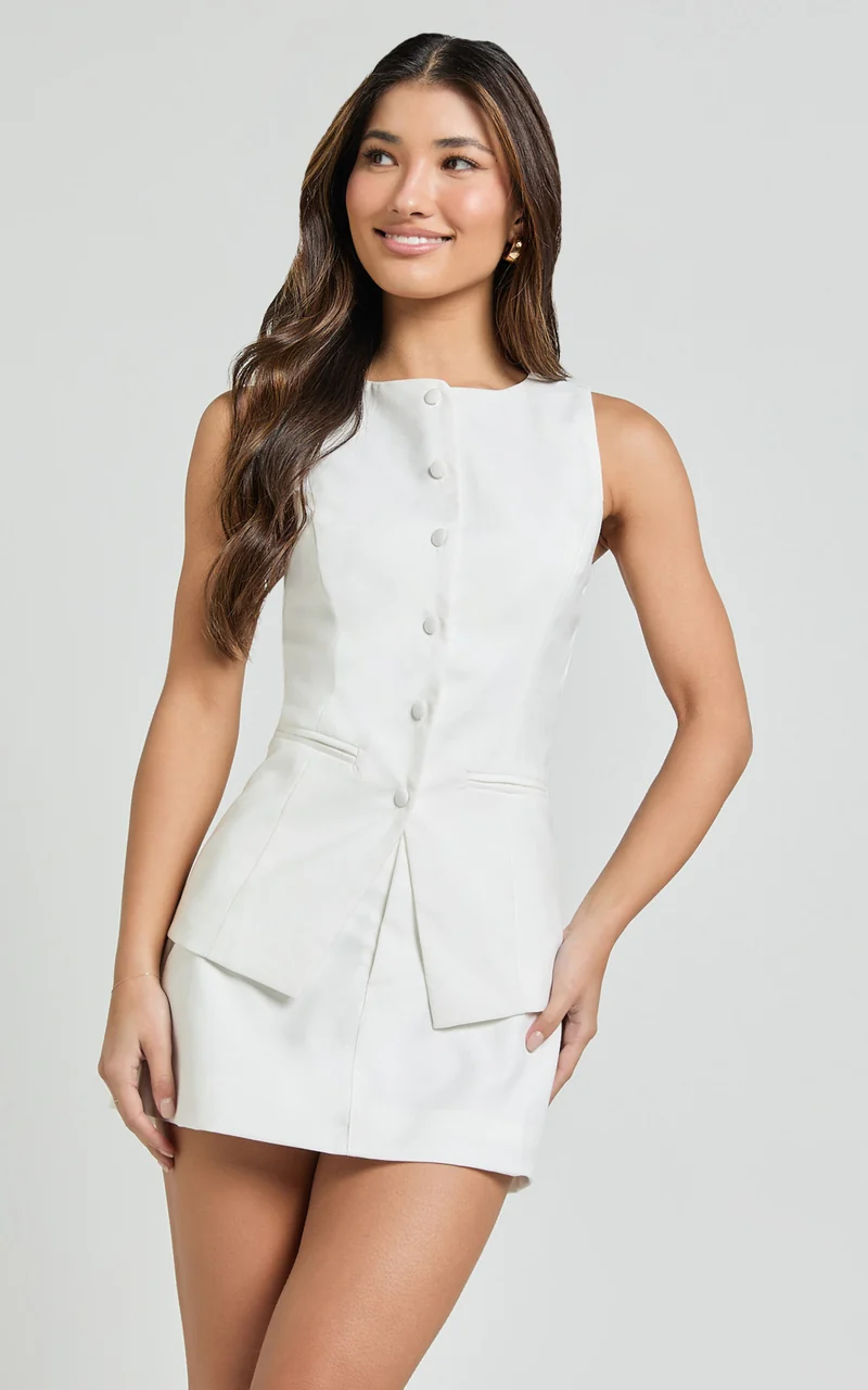 Desi Top - Longline Crew Neck Vest Top in Warm White