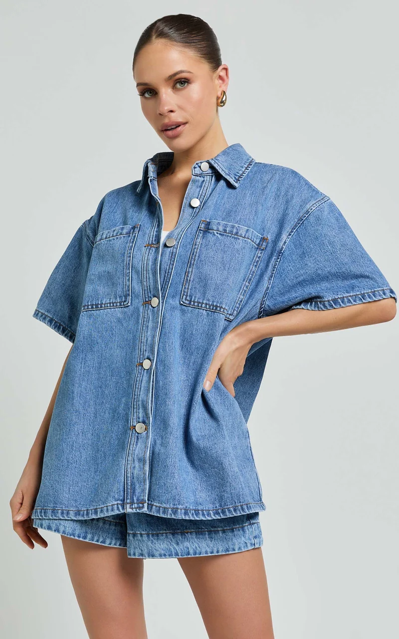 Rhianna Top - Oversized Recycled Denim Short Sleeve Shirt in Mid Blue Wash