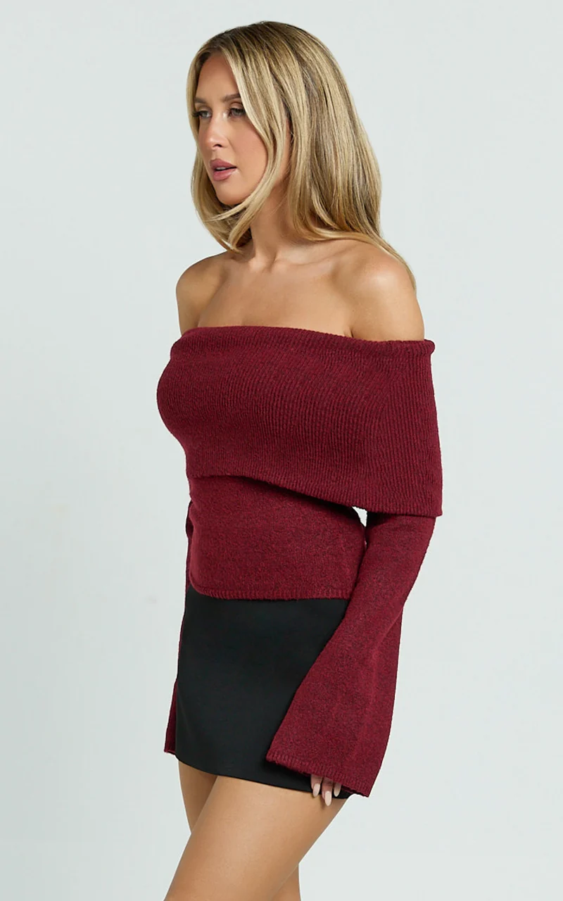 Darcie Top - Off Shoulder Long Sleeve Knit Top in Wine