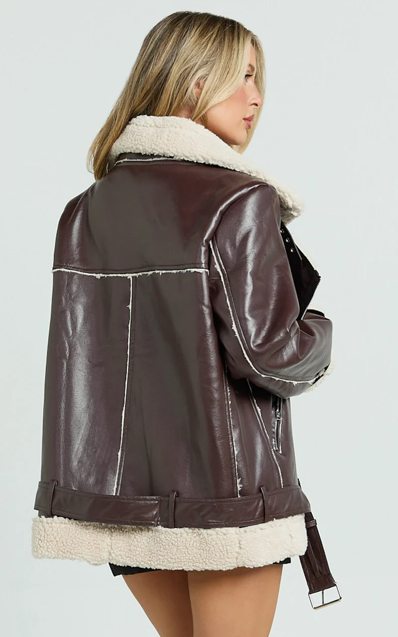 Claudette Jacket - Faux Leather Shearling Oversized Biker Jacket in Dark Chocolate