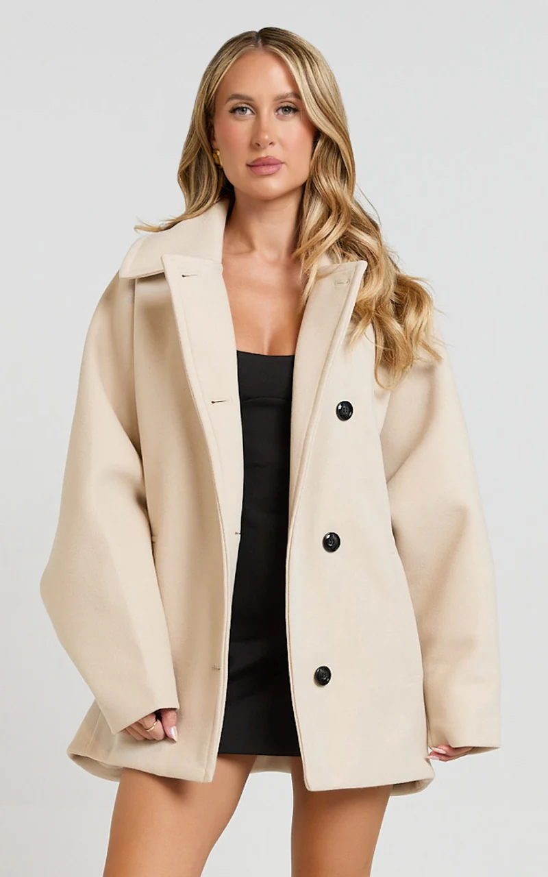 Claudia Coat - Oversized Three-Button Front Closure Coat in Beige