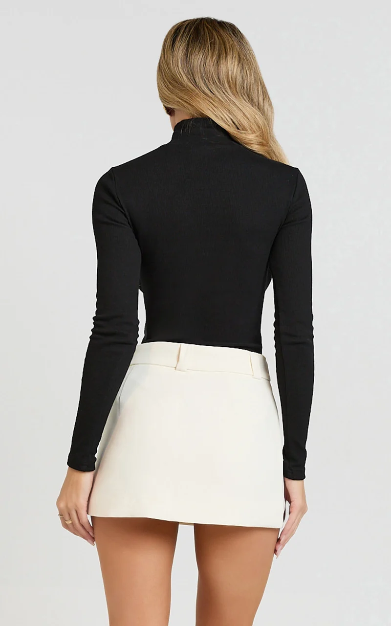 Isabela Bodysuit - High Neck Long Sleeve Ribbed Bodysuit in Black