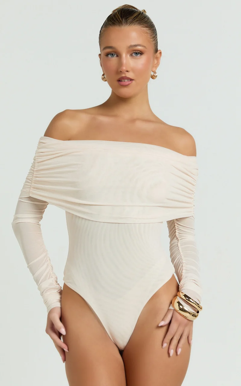 Jaythen Bodysuit - Long Sleeve Off Shoulder Ruched Mesh Bodysuit in Cream