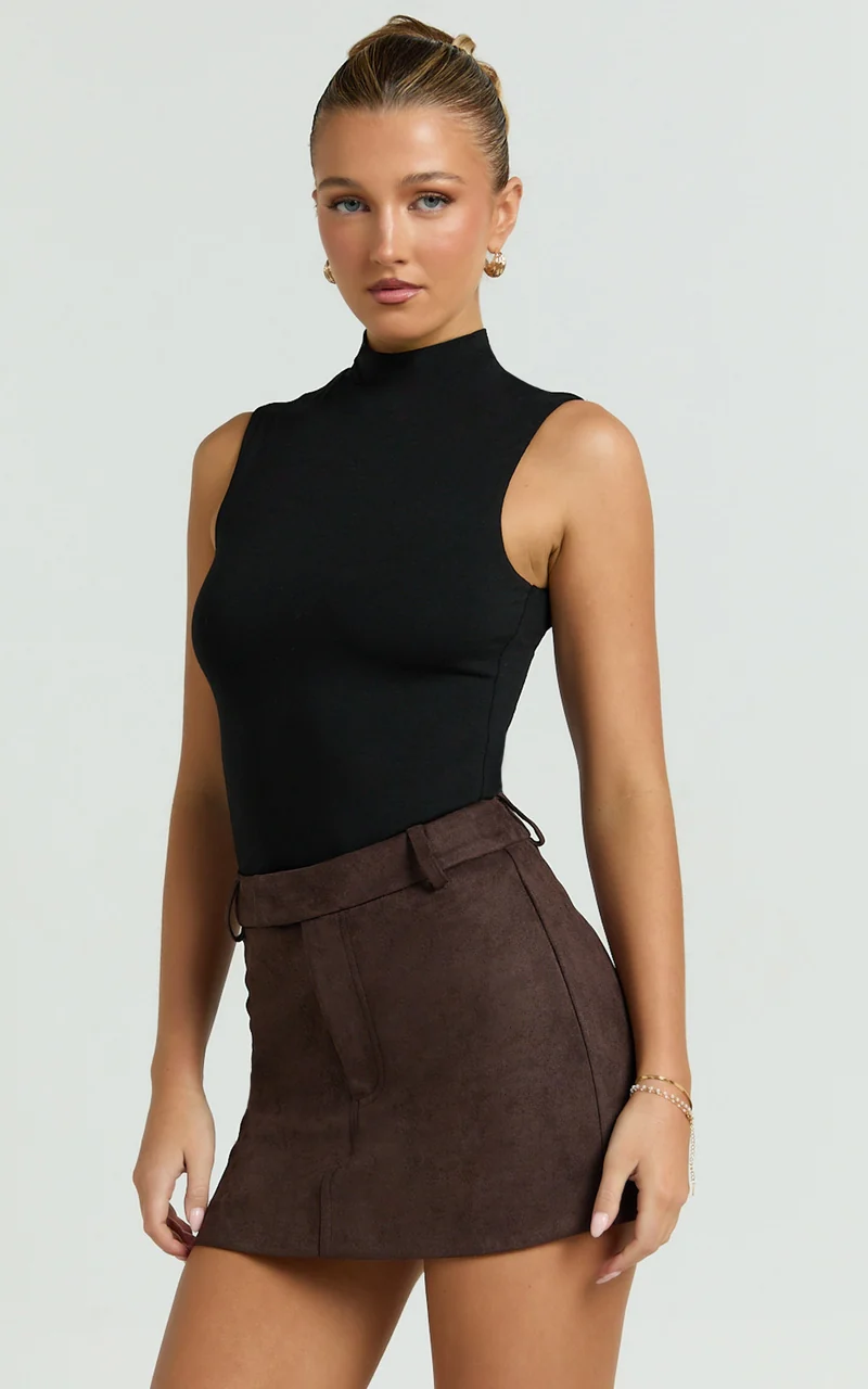 Caitlyn Top - High Neck Sleeveless Tank Top in Black