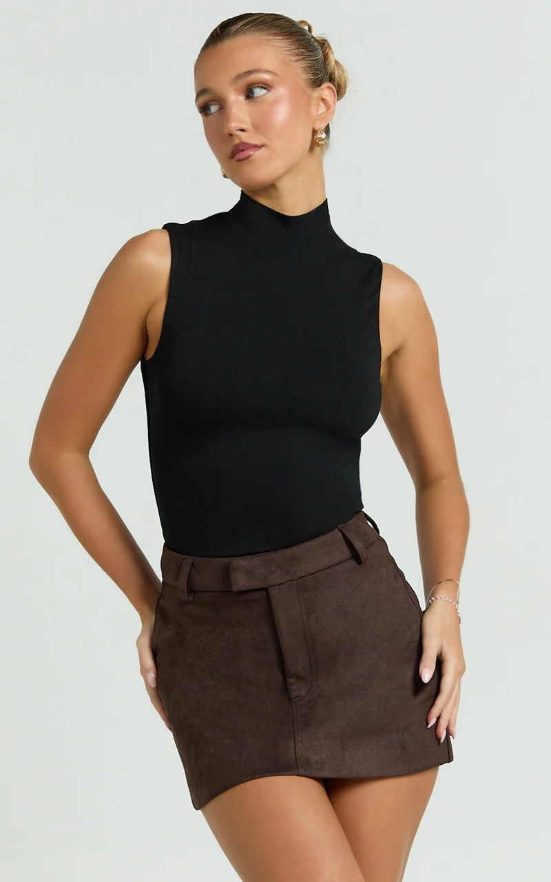 Caitlyn Top - High Neck Sleeveless Tank Top in Black