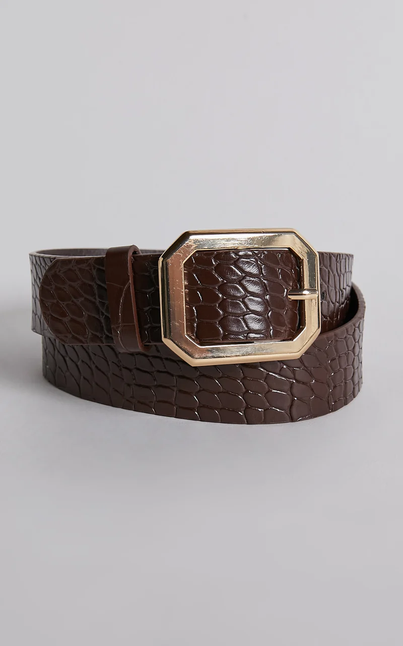 Mason Croc Square Buckle Belt in Chocolate