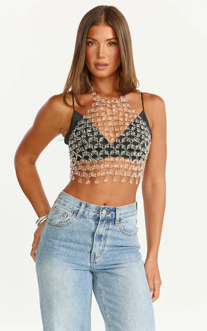 Xena Crop Top - Crystal Embellished Halter Top in Silver