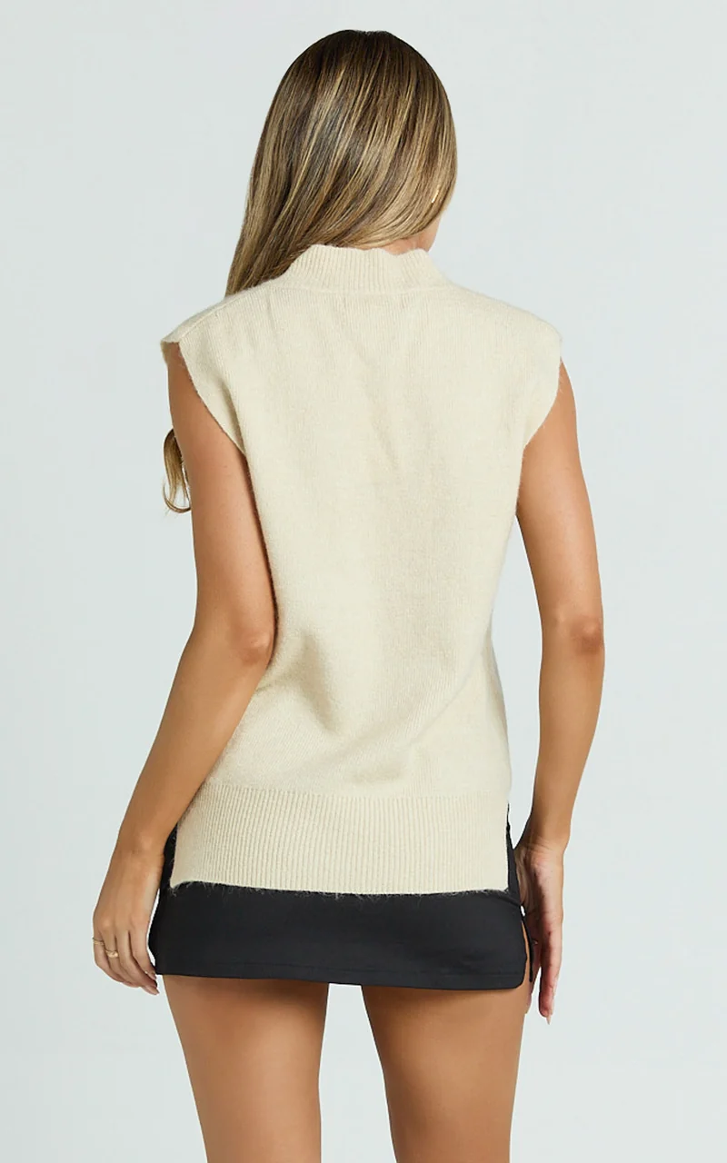 Chenelle Top - Sleeveless Knit Sweater Vest in Stone
