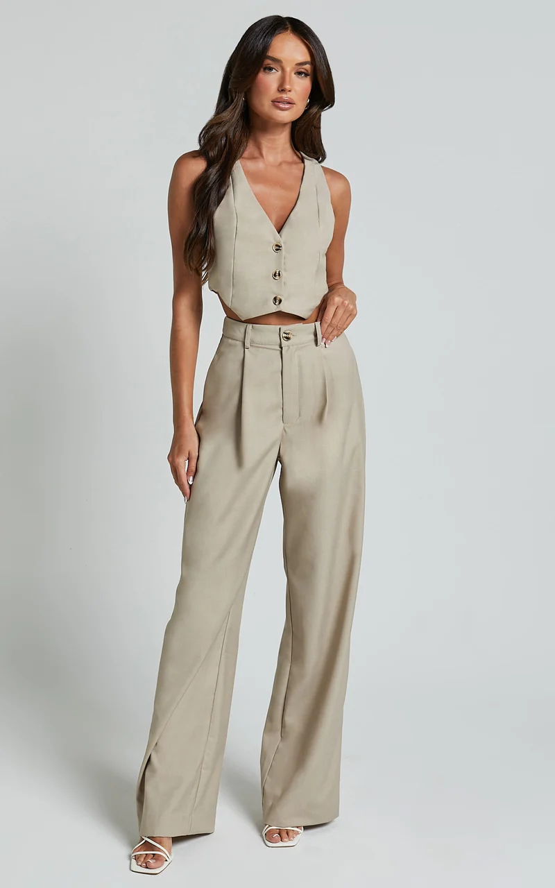 Izara Vest - V Neck Button Up Cropped Vest in Oatmeal