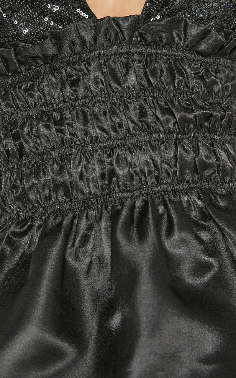 Brunetta Top - Sequin Shirred Peplum Top in Black