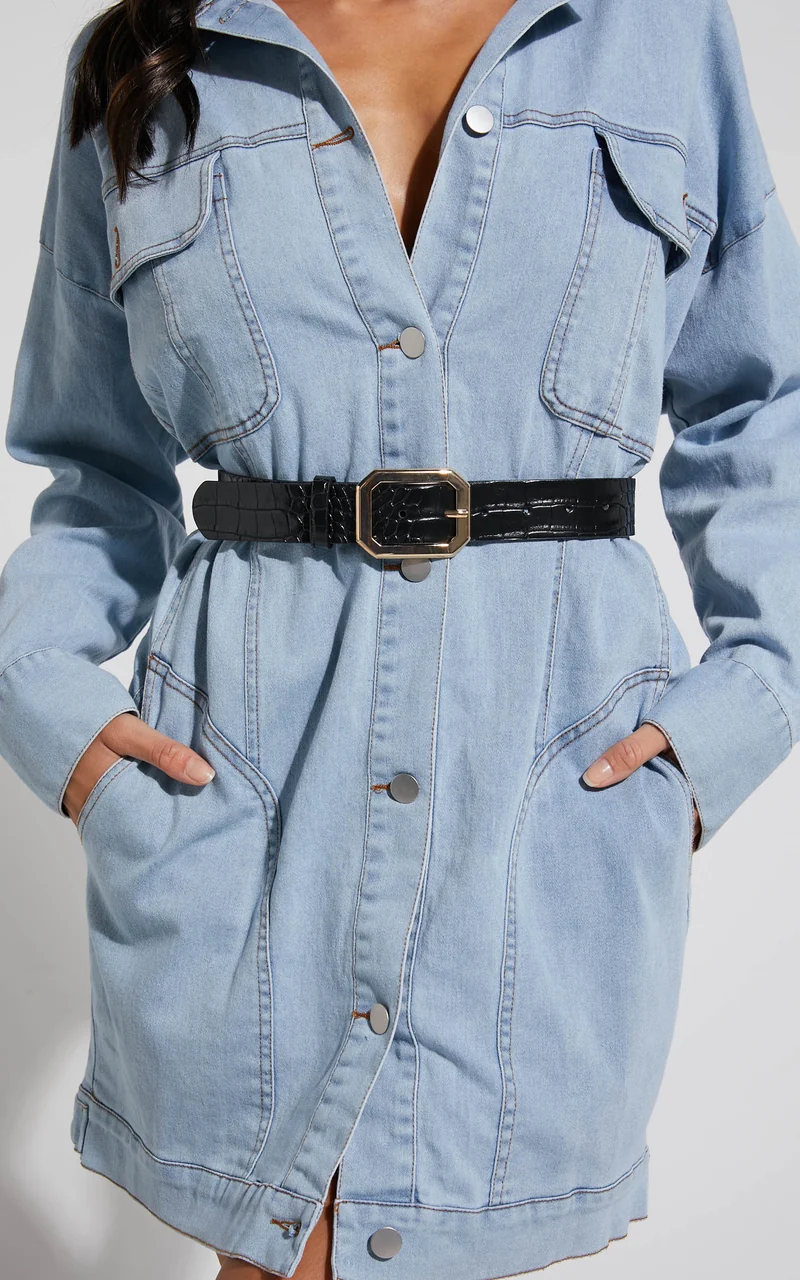 Mason Croc Square Buckle Belt in Black