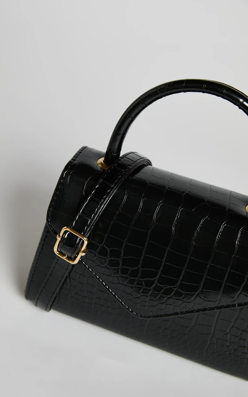 Marilou Bag - Croc Embossed Top Handle Crossbody Bag in Black