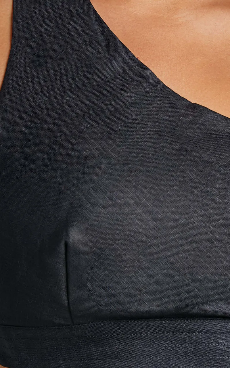 Amalie The Label - Lizzi Linen One Shoulder Tie Back Crop Linen Top in Black