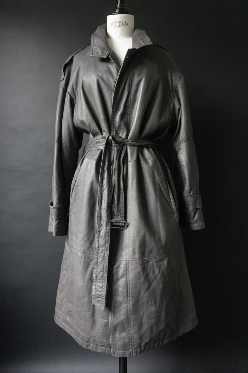 Vintage 80s Ledertrench, Greige, M–L