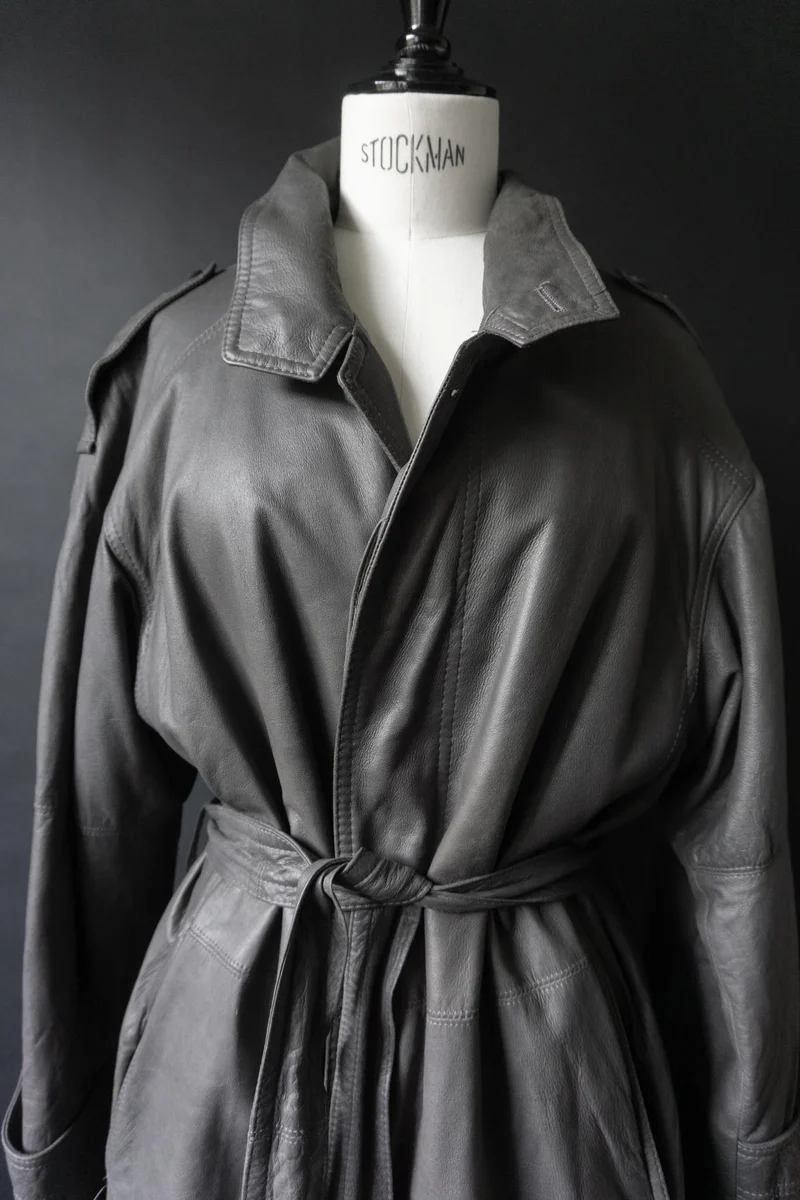 Vintage 80s Ledertrench, Greige, M–L