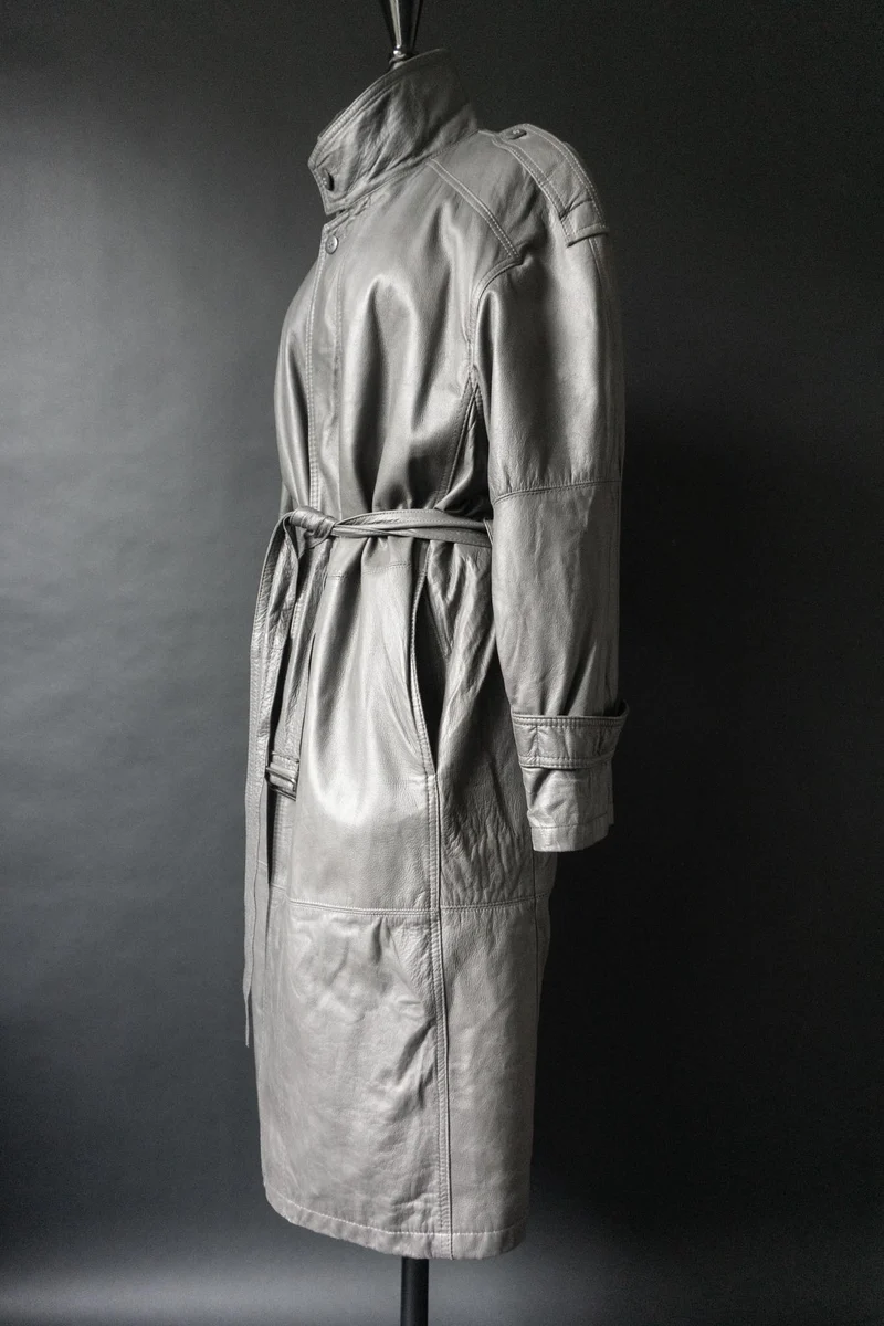 Vintage 80s Ledertrench, Greige, M–L